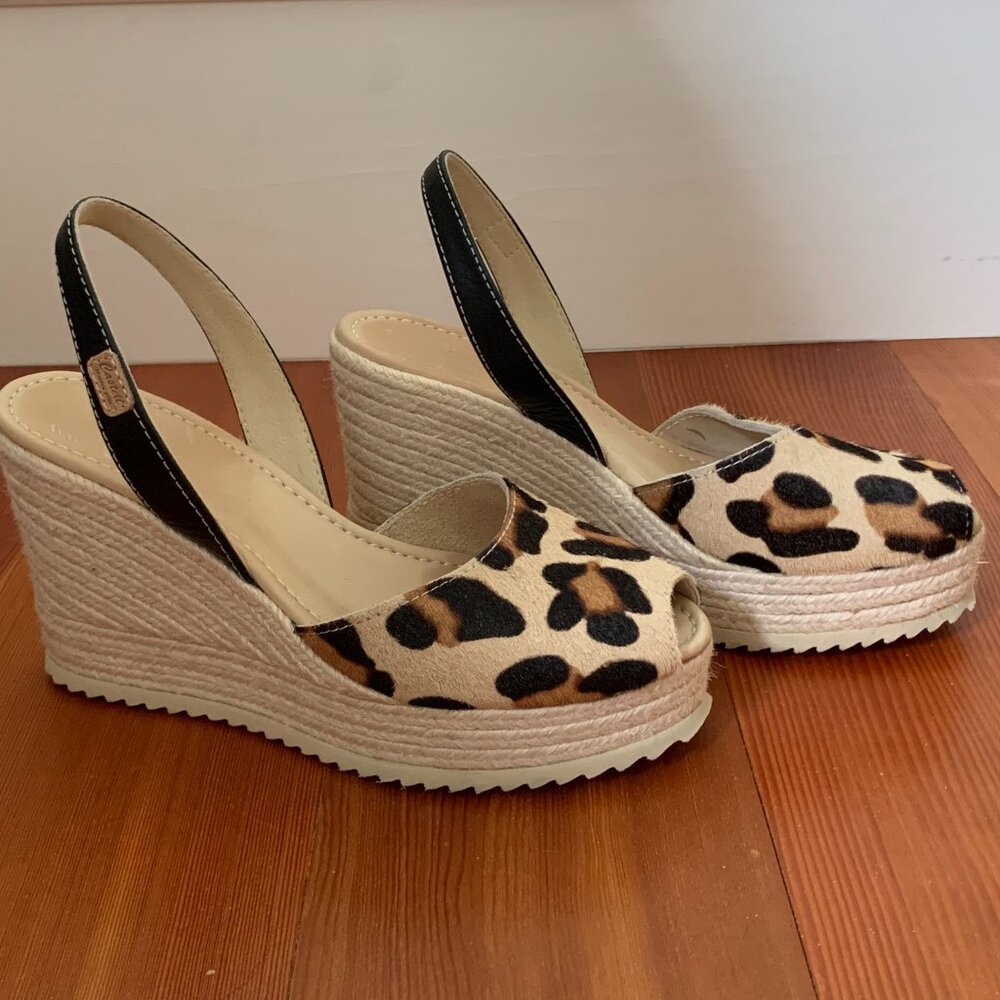 Castell Menorca Leopard Print Slingback Peep Toe Wedge Size 6.5